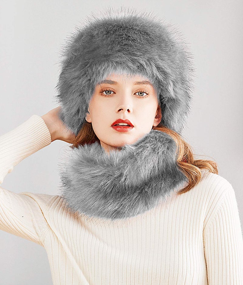 Lovful Winter Faux Fur Women Russian Cossak Hat Scarf Set,Grey - Image 2